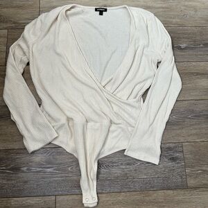 Express Cream Long Sleeve Wrap Bodysuit XL